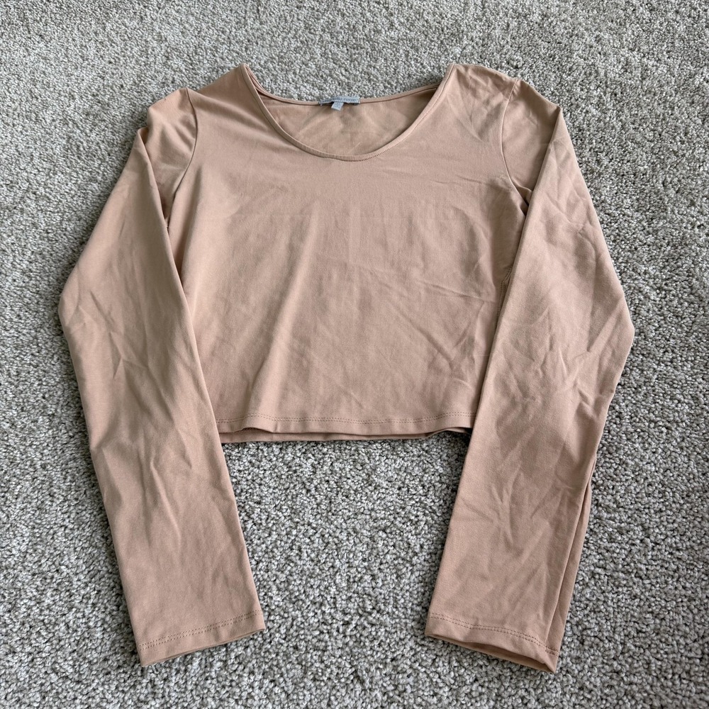 Charlotte Russe Shirt Womens M Beige Long Sleeve Side Strap Cutout Cropped Top